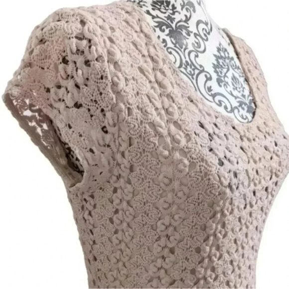 Free People Cap Sleeve Gypsy Crochet Eyelet Lace Dress Women M Cream Y2K Fairy - Picture 6 of 10